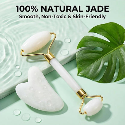 Natural Gua Sha & Jade Roller Set, Gua Sha Tool for Face & Body, Anti-Swelling Skin Tightening Home SPA Tool, Muscle Relief Safe Polished Jade, Self-Care Gift Set for Home Travel