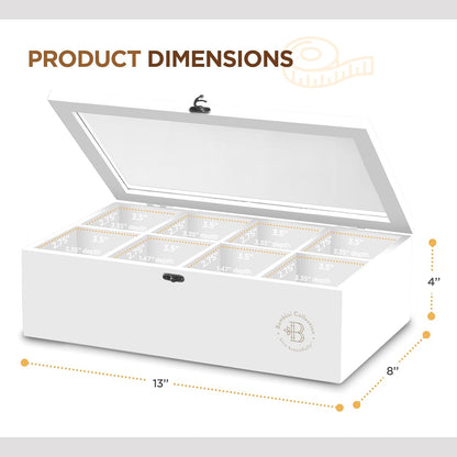 Tea Bag Organizer with Drawer - Bamboo Tea Box Organizer, 8-Compartment Tea Storage Box with Acrylic Lid and Magnetic Closure, Tea Box for Kitchen Counter, Gifts for Mom, Wife, Tea Lovers (White)