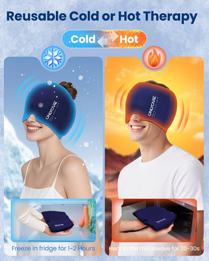 ONLYCARE Migraine Relief Cap, Upgraded Headache Relief Cap with Odorless Reusable Gel Head Wrap, Soothing Face Ice Pack Mask Products with Hot & Cold Therapy for Tension, Stress, Hangover & Puffy Eyes