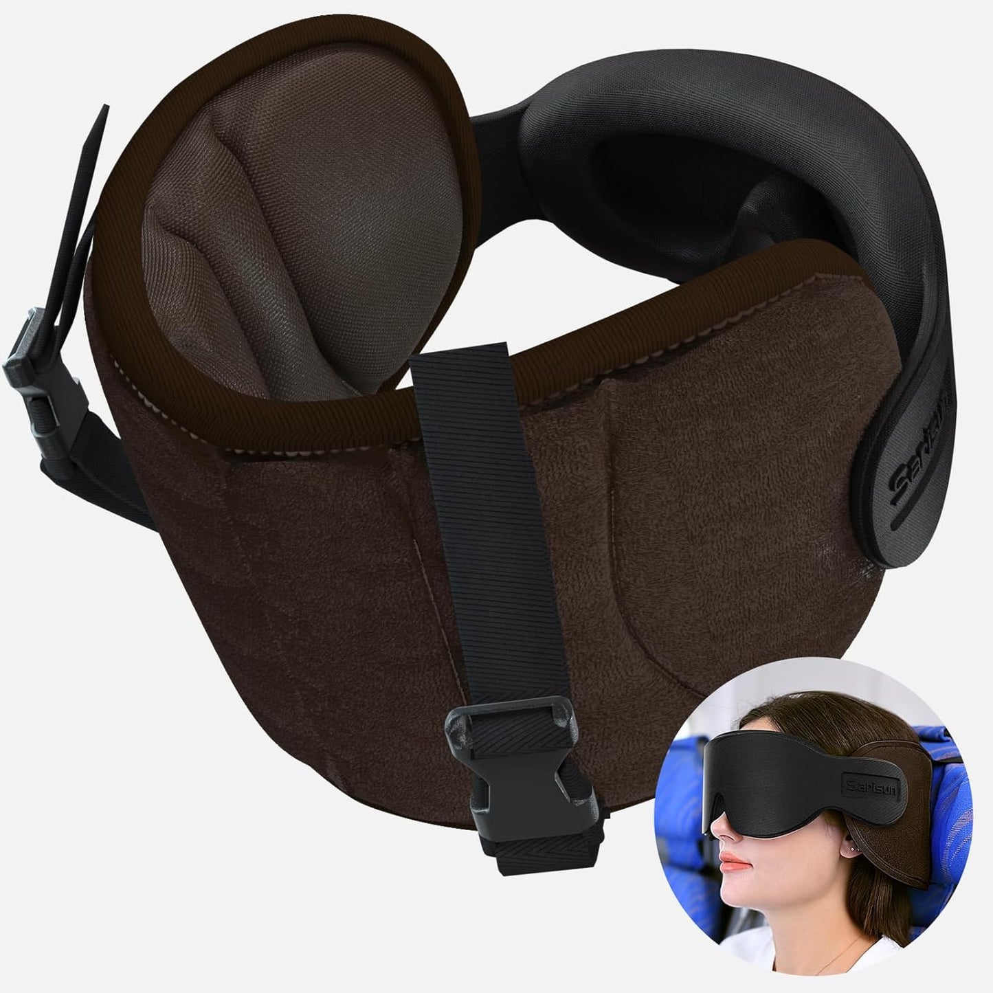 SARISUN Travel Pillows for Airplanes, 360° Stable Support Airplane Pillow with 3D Eye Mask, Headrest Pillow for Long Flight Road Trip Sleep, Stop Bobblehead Travel Essential, Black
