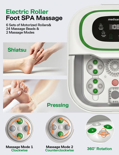 Medisana Collapsible Foot Spa, Foot Bath with Bubble, Heat, Red Light, Massage Rollers, Remote Control, Pedicure Foot Spa with 6 Motorized Rollers & 24 Massage Beads, Foot Soaking Tub for Relaxation