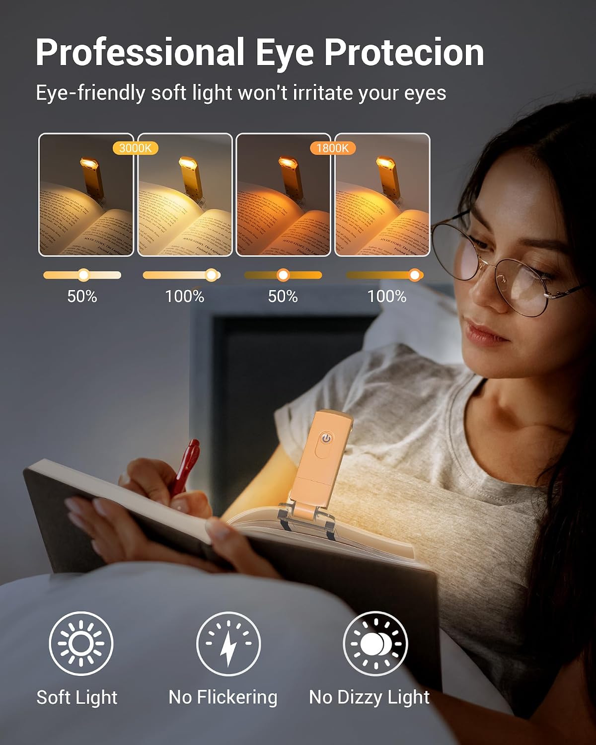 DEWENWILS Book Reading Light, USB Rechargeable Booklight for Reading at Night, LED Clip On Book Lights for Kids, Bookworms, Blue Light Blocking, Amber + Warm White (Green)