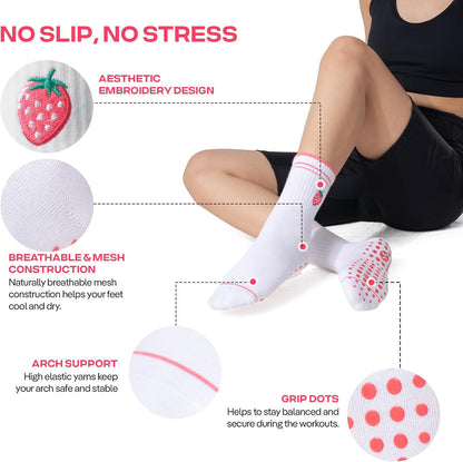 COOLMATE Pilates Socks with Grips for Women, Yoga Socks, Crew Non Slip Women for Barre, Pilates Gifts for Women - Colors A