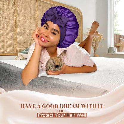 Satin Bonnet for Sleeping Cap Double Layer Hair Bonnet with Elastic Tie Band for Curly Hair Night Cap (Bean Paste + Pink)