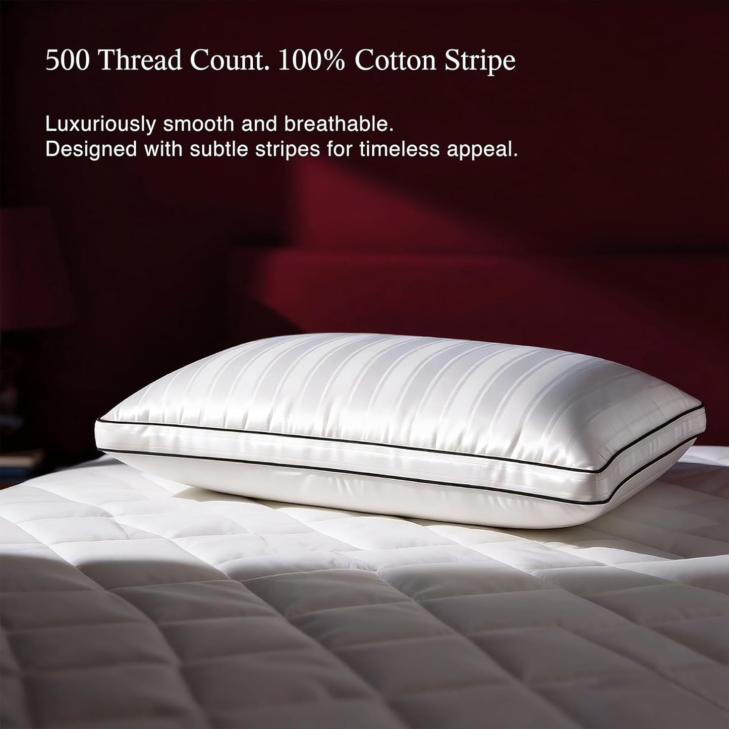 Blue Ridge Home Fashions Luxury Hotel Quality Cooling Pillows Queen Size Set of 2, Soft Touch Firm Support 500 Thread Count Damask Stripe Embroidered 100% Cotton Cover, Down Alternative