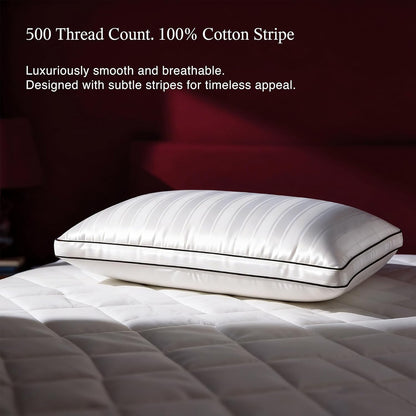 Blue Ridge Home Fashions Luxury Hotel Quality Cooling Pillows Queen Size Set of 2, Soft Touch Firm Support 500 Thread Count Damask Stripe Embroidered 100% Cotton Cover, Down Alternative