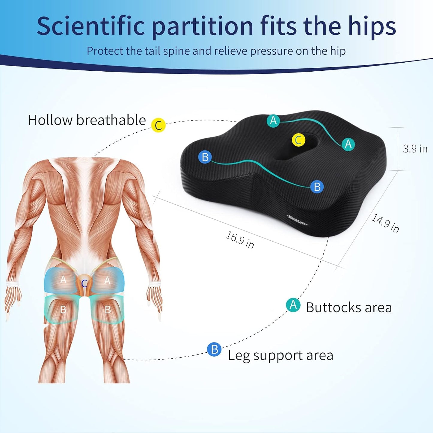 Memory Foam Seat Chair Cushion for Relieves Back Sciatica Pain Tailbone Pain Coccyx Degenerating Disc Orthopedic Osteoarthritis Prostate Cushion Low Back Pain Cushion Hip Shaping (Dark Gray)