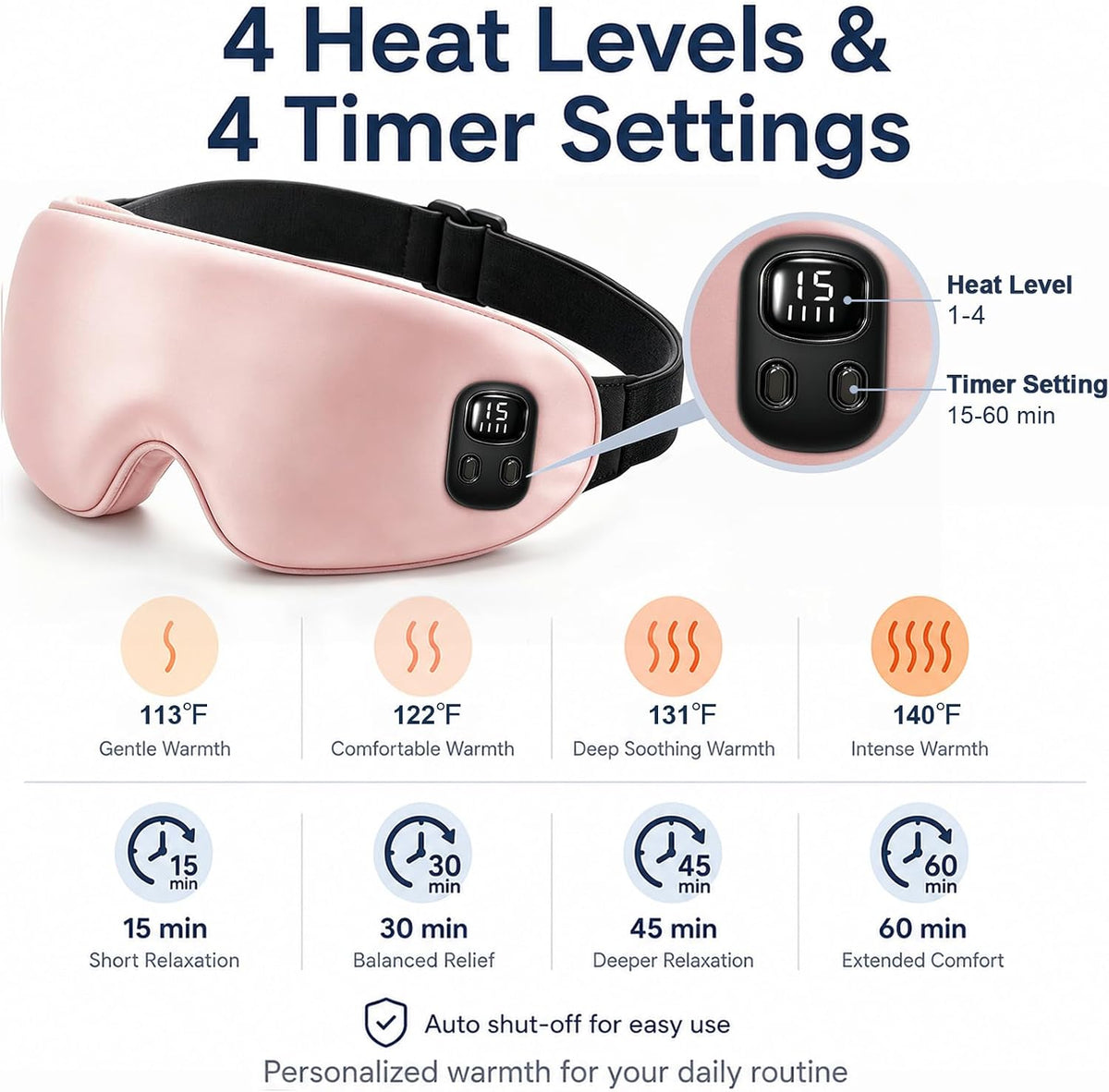 Cordless Heated Eye Mask-4 Heat Levels & 4 Timers Heated Eye Mask Rechargeable for Dry Eyes Warm Compress for Eyes Home Office Travel Sleep Soft Adjustable Portable Eye Mask Gift for Women Men