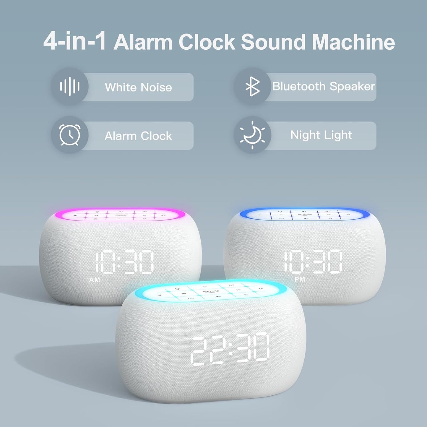 ANJANK White Noise Sound Machine Alarm Clock with Bluetooth Speaker, 21 Relaxing Sounds, 7 Night Lights,0-100% Dimmer/Sleep Timer/30-Level Volume Control,Sound Machine for Kids Adults Sleeping,Bedroom