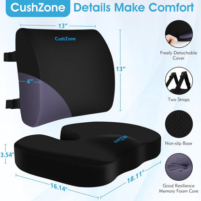 CushZone Ergonomic Seat Cushion & Lumbar Support Pillow - Memory Foam for Sciatica Pain Relief & Posture Correction, Non-Slip Chair Cushions for Office Chair/Car/Wheelchair/Travel (Black)