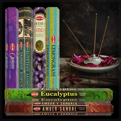 Hem Incense Sticks Variety Pack #23-120 Insence-Sticks (6 Incents x 20 Insense) + Incense Stick Holder with 6 Most Liked Scents Including Patchouli Dragons Blood White Sage Frankincense-Myrrh