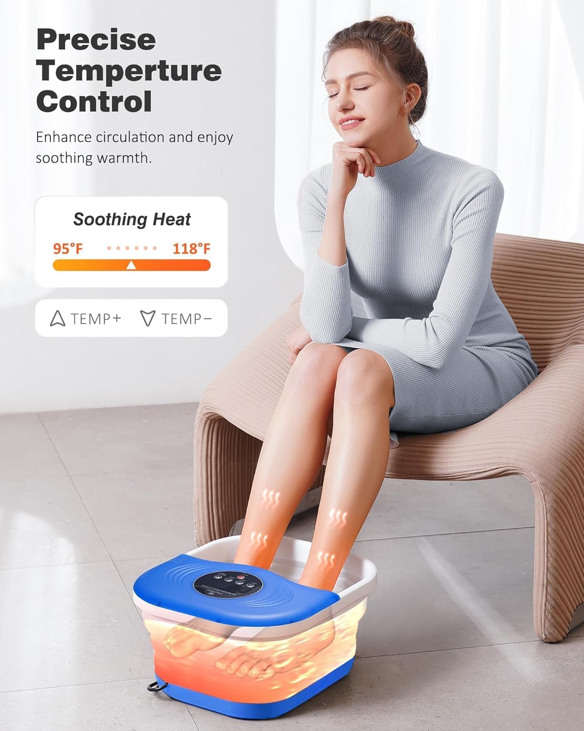 Collapsible Heated Foot Spa with Bubble and Red Light Temperature Control Foot Bath Massager and Soaking Tub Featuring 8 Shiatsu Massage Rollers Pumice Stone and Built-in Timer Ideal Gift for Wife,Mom