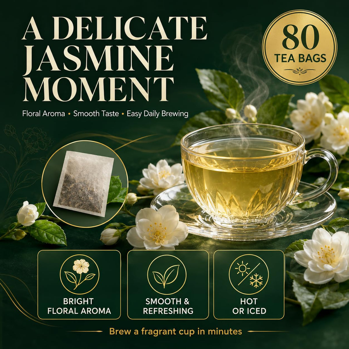 WOTIHA Jasmine Flower Tea Bags, Naturally Caffeine-Free, 80 Count, 160 g