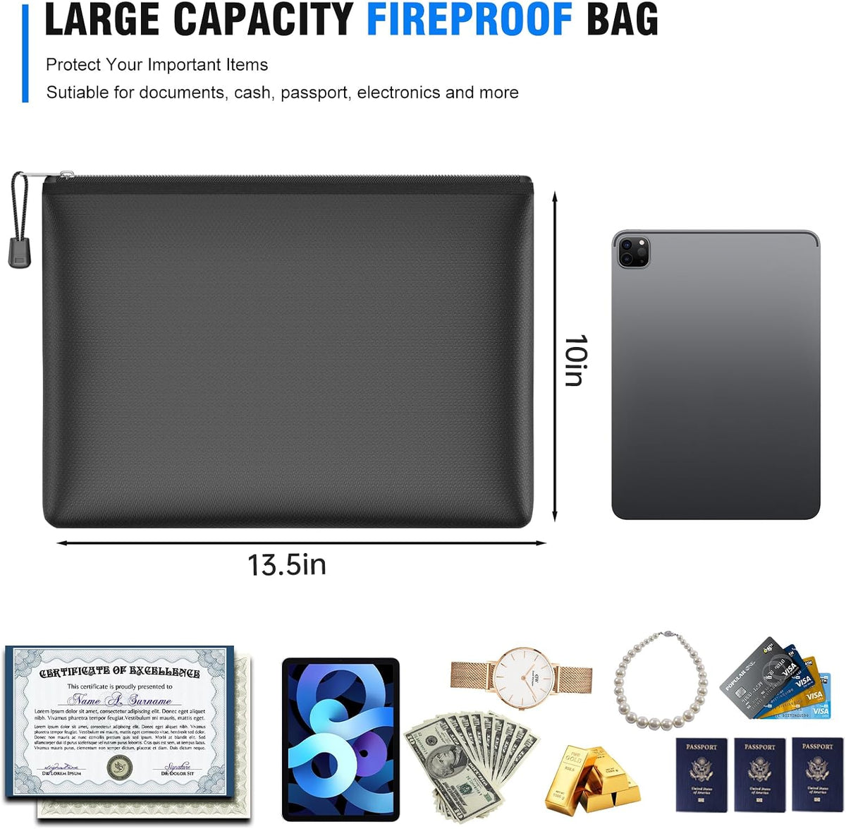 Fireproof Document Bag with Zipper,File Organizer,13.5"x10", 5 Pack