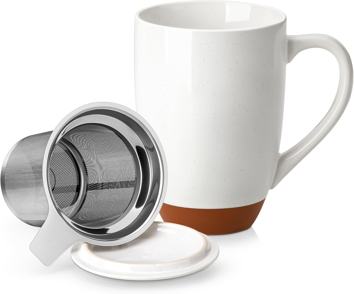 MALACASA Ceramic Tea Mug with Lid and Stainless Steel Infuser, 18 oz Large Tea Cup for Loose Leaf Tea, Heat-Resistant, Microwave & Dishwasher Safe, Speckled Glaze Coffee & Tea Brewer Mug, Khaki White