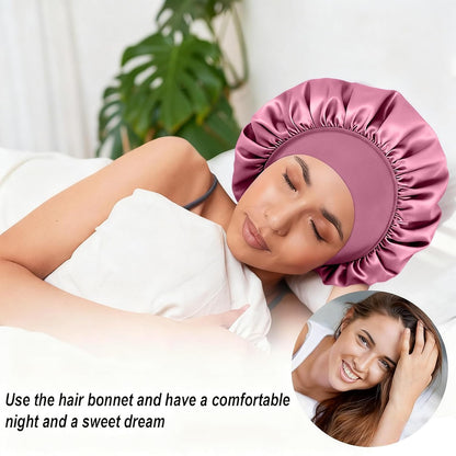 4Pcs Silk Satin Bonnets for Sleeping - Elastic Wide Band Wrap for Black Women Men,Silk Bonnets for Curly Hair,Large Hair Cap for Sleeping (Black+Wine Red+Purple+Brown)
