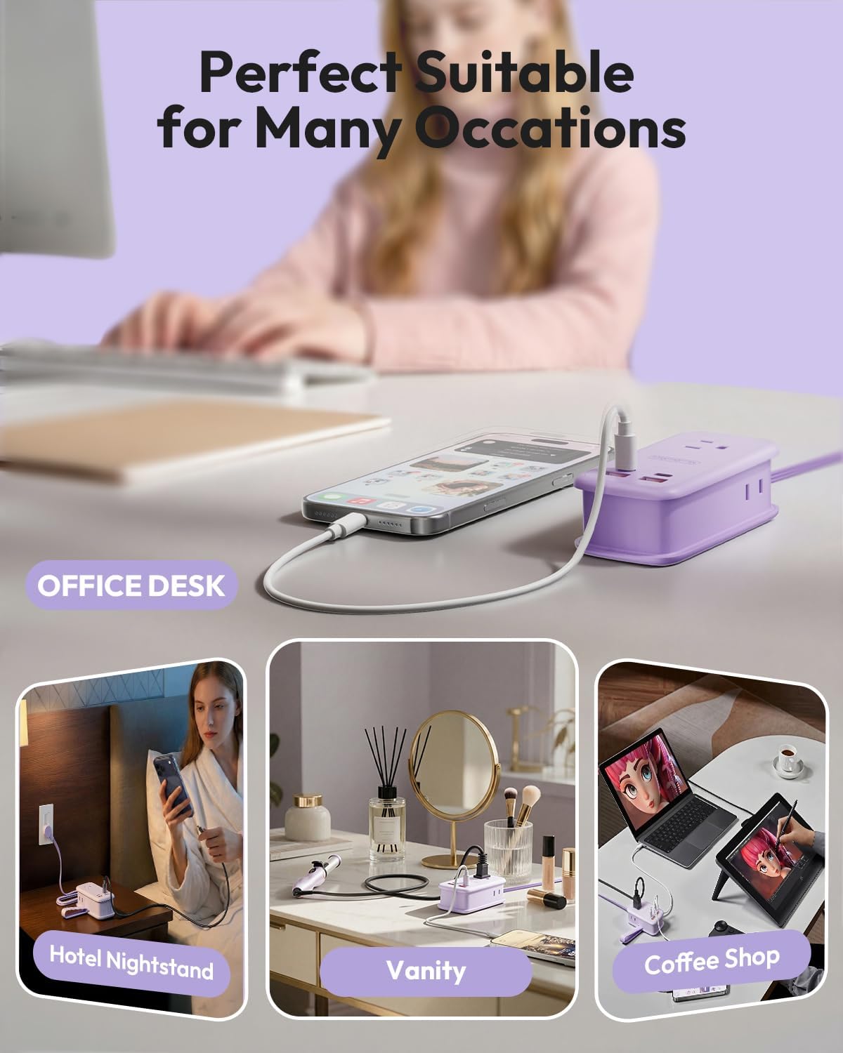 NTONPOWER GAN Ultra 65W USB Charging Station, 7 in 1 Travel Power Strip with 3 Outlets 4 USB (2 USB C), Extension Cord 4ft, Travel Essentials, Cruise Power Strip Compatible with MacBook, iPhone, White
