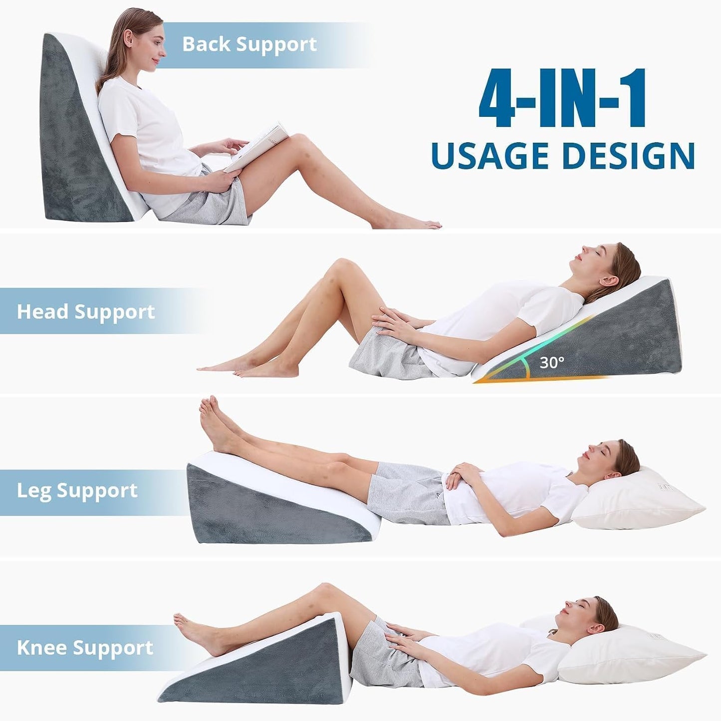 Sasttie Wedge Pillow 24x24x12 inch, Memory Foam Bed Wedge, Cool Grey