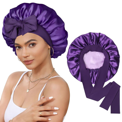 Satin Bonnet for Sleeping Cap Double Layer Hair Bonnet with Elastic Tie Band for Curly Hair Night Cap (Bean Paste + Pink)