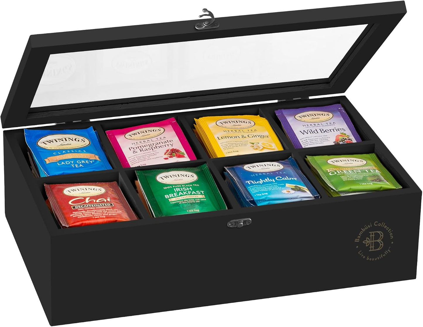 Tea Bag Organizer with Drawer - Bamboo Tea Box Organizer, 8-Compartment Tea Storage Box with Acrylic Lid and Magnetic Closure, Tea Box for Kitchen Counter, Gifts for Mom, Wife, Tea Lovers (White)