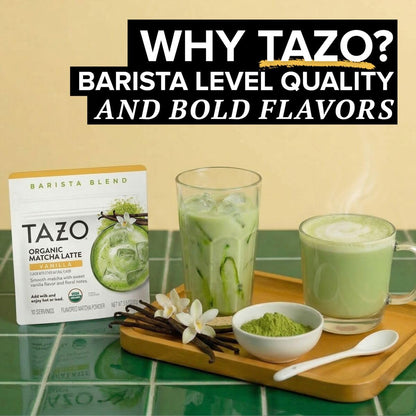 TAZO Organic Classic Matcha Latte Powder, Café Style Matcha Latte Mix, Easy Hot or Iced Matcha Latte, Sweetened with Organic Sugar and Matcha Powder, 10 Servings, 3.5 oz Pouch