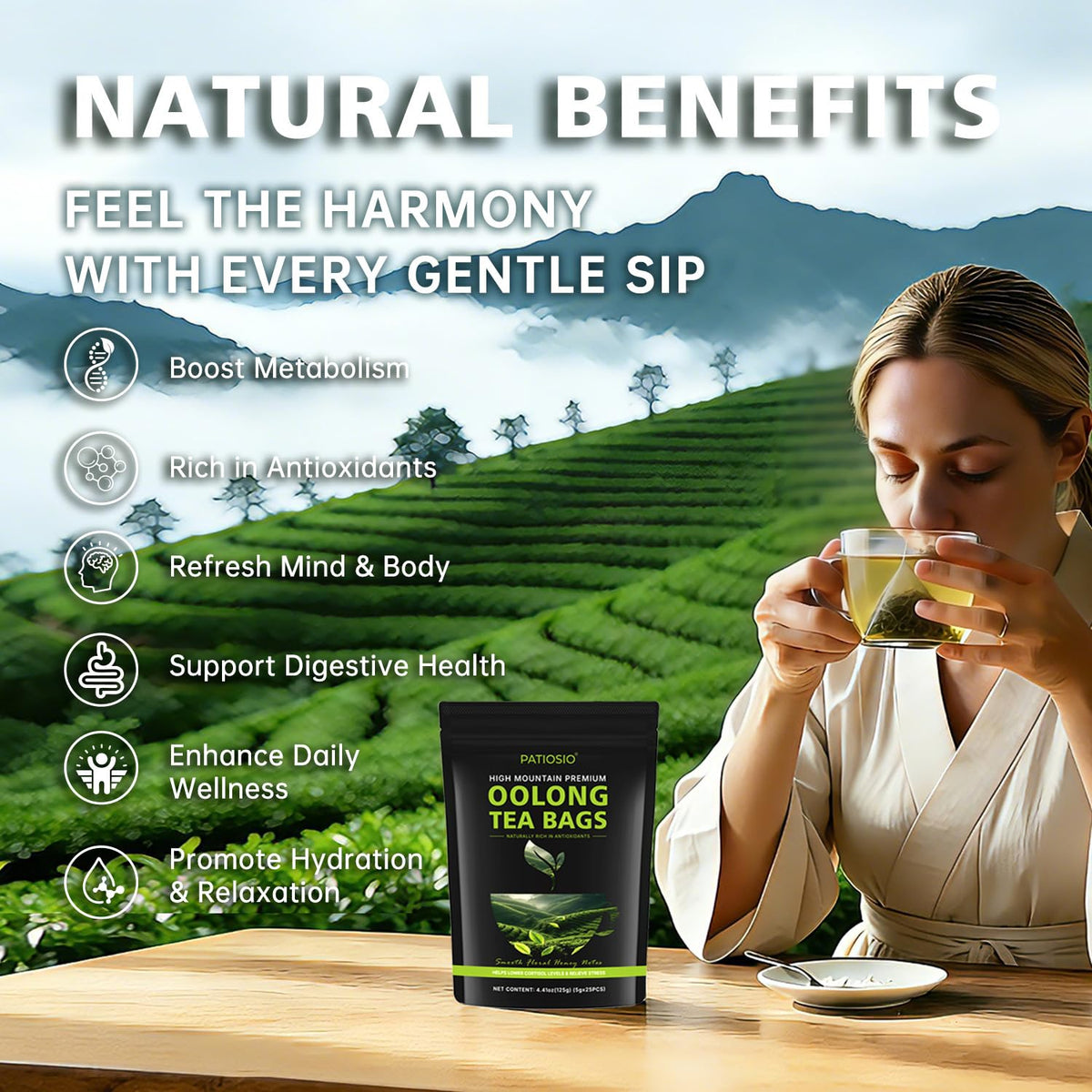 Oolong Tea Bags – Yunnan High-Mountain Oolong Whole Leaf Tea Bags, 25 Bags (5g Each) – Premium Loose Leaf Oolong Tea- Helps Lower Cortisol Levels & Relieve Stress –Smooth Aroma,Low Astringency,Non-GMO