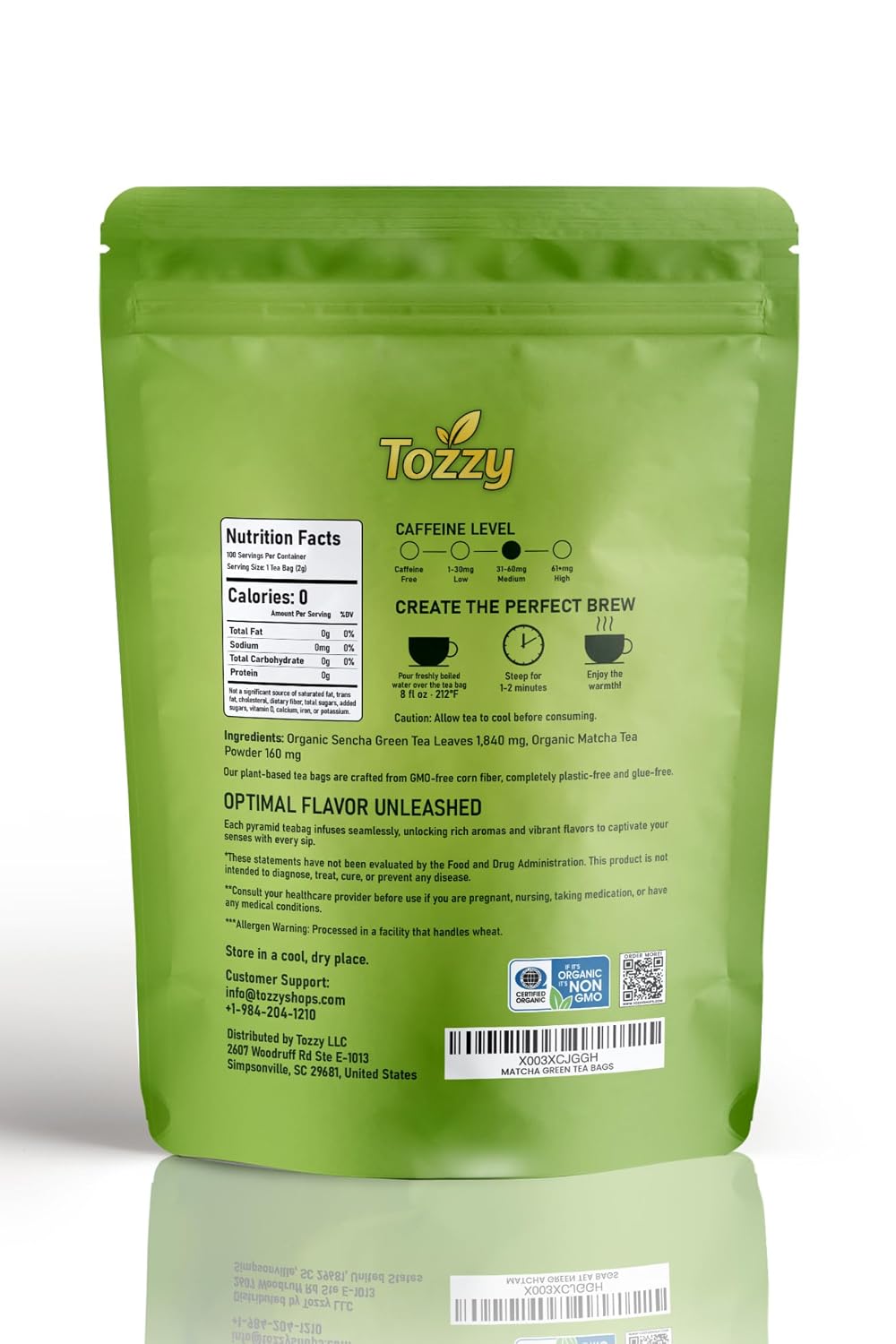 Tozzy Organic Matcha Green Tea, 100 Pyramid Tea Bags