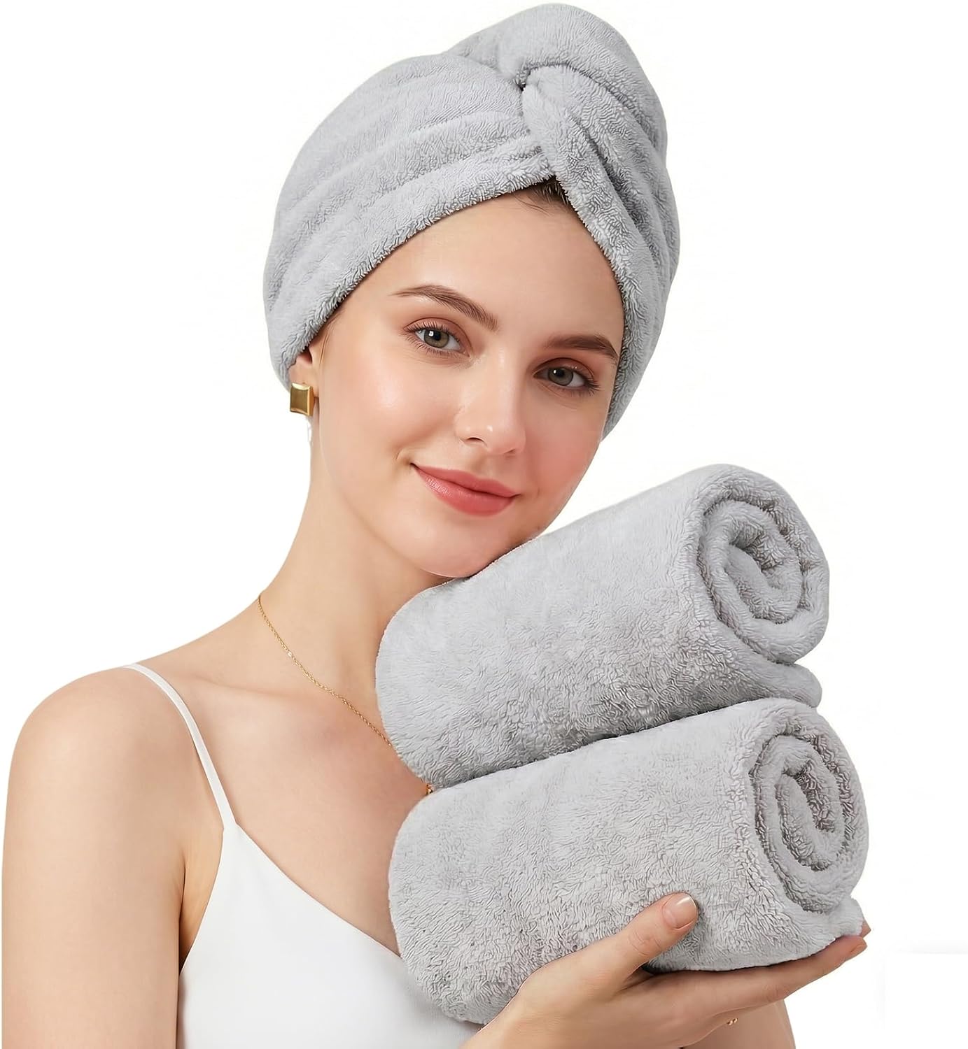 Mandydov 100% Cotton Hair Towel Wrap for Women, 2 Pack Thickened & Super Absorbent Turbans, Anti Frizz Quick Dry Hair Towels (Blue, Pink Blush)