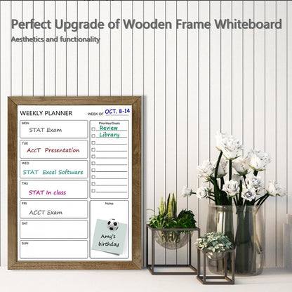 Dry Erase White Board Weekly Calendar Board, Magnetic Whiteboard for Wall,10.6“x14.7 Solid Wood Rustic Brown Framed Message Board, Planner Board for Office, Home, Schooll(Weekly-BB-RB-2737)