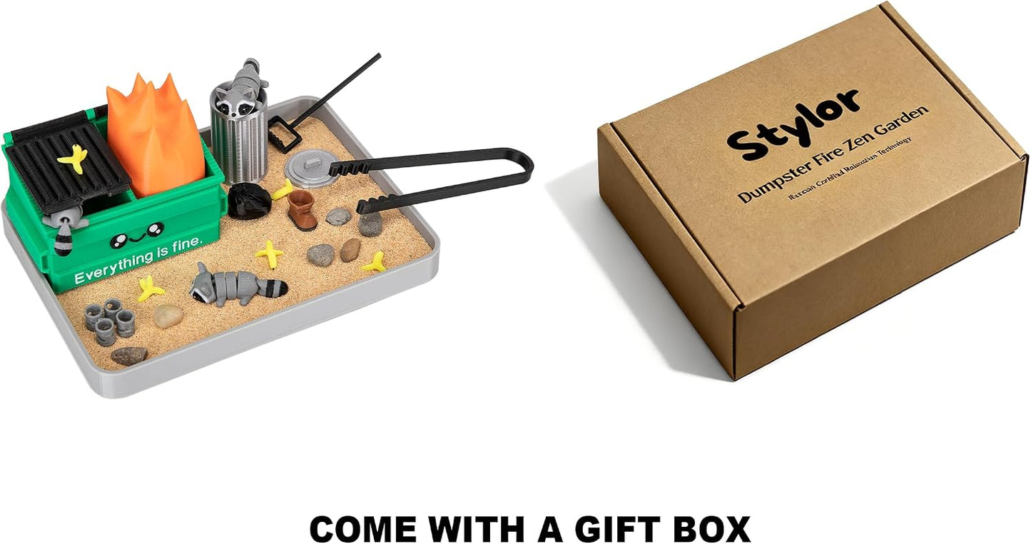Stylor Dumpster Fire Zen Garden Desk Decor - 3D Print Plastic Miniature Sandbox with Raccoon & Flames, Humorous Office Stress Relief Gift, Includes Stones, Sand & Accessories