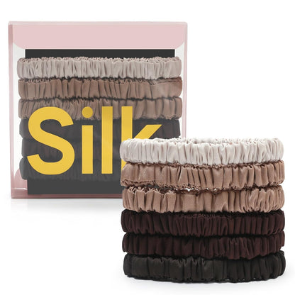 6Pcs Silk Hair Ties 100% Pure Mulberry Silk Scrunchies for Women Girls | No Hair Crease, Anti Frizz, Gentle Hold, No Damage, Black Brown Pink
