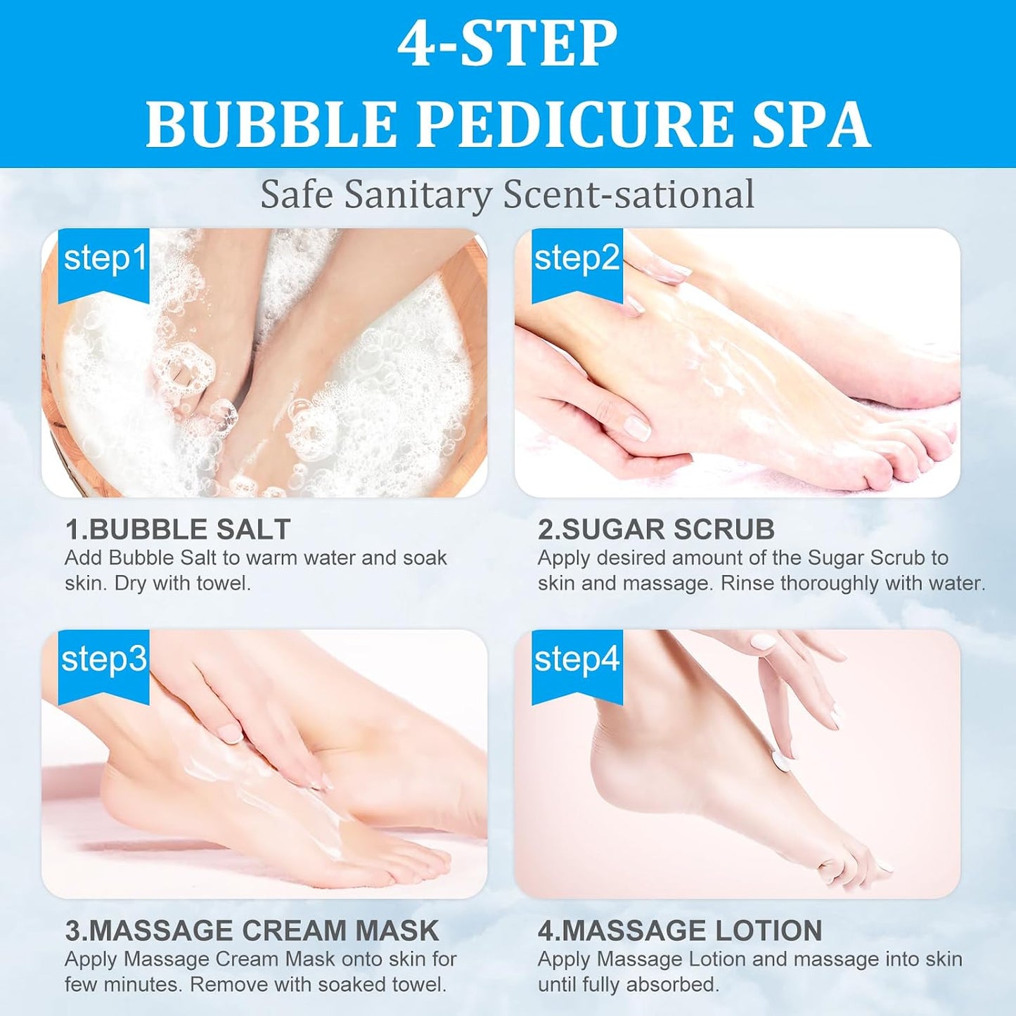 Pedicure Kit Foot Soak Set: Bubble Salt, Sugar Scrub, Massage Mask, Massage Lotion in a Box, 4 Step Foot Spa Kit for Dry Feet, Softens Calluses, Tired Feet（3 Set Lavender) - Colors A