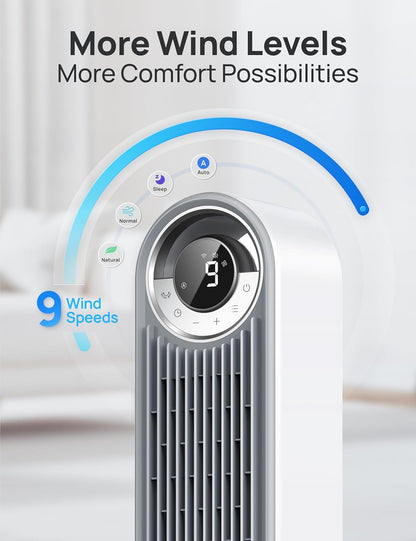 DREO Tower Fan for Bedroom, Upgraded DC 9 Speeds 20dB Ultra-Quiet Floor Fan, 90° Oscillating Fans with 28ft/s Velocity, 12H Timer, Standing Fan, Bladeless Fan Powerful for Home, Black