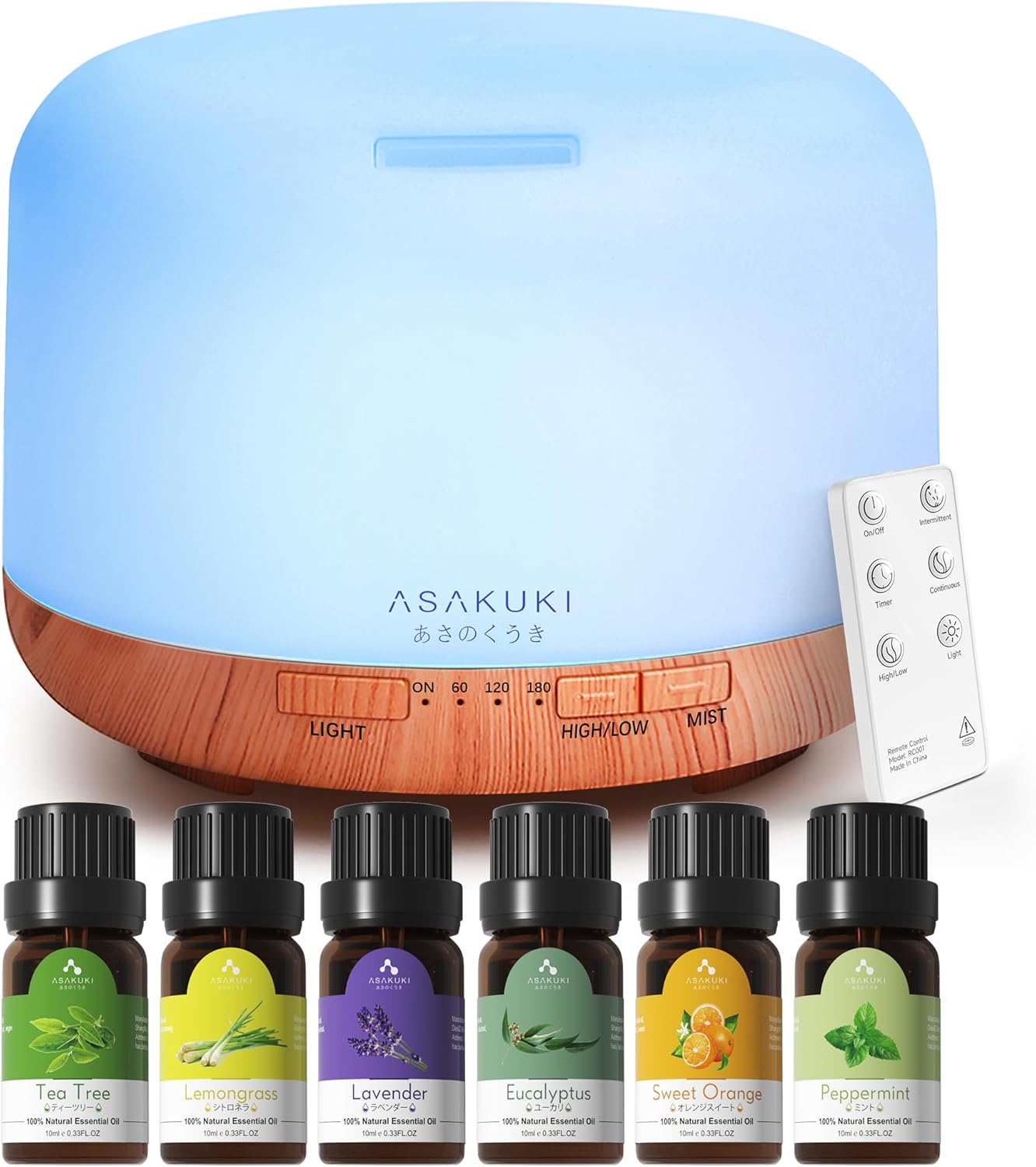 ASAKUKI Essential Oil Diffuser for Home, 500ML Aromatherapy Diffuser Humidifier with Remote Control, 7 Color LED Lights, Quiet Cool Mist Diffuser for Bedroom, Living Room, Office (White)