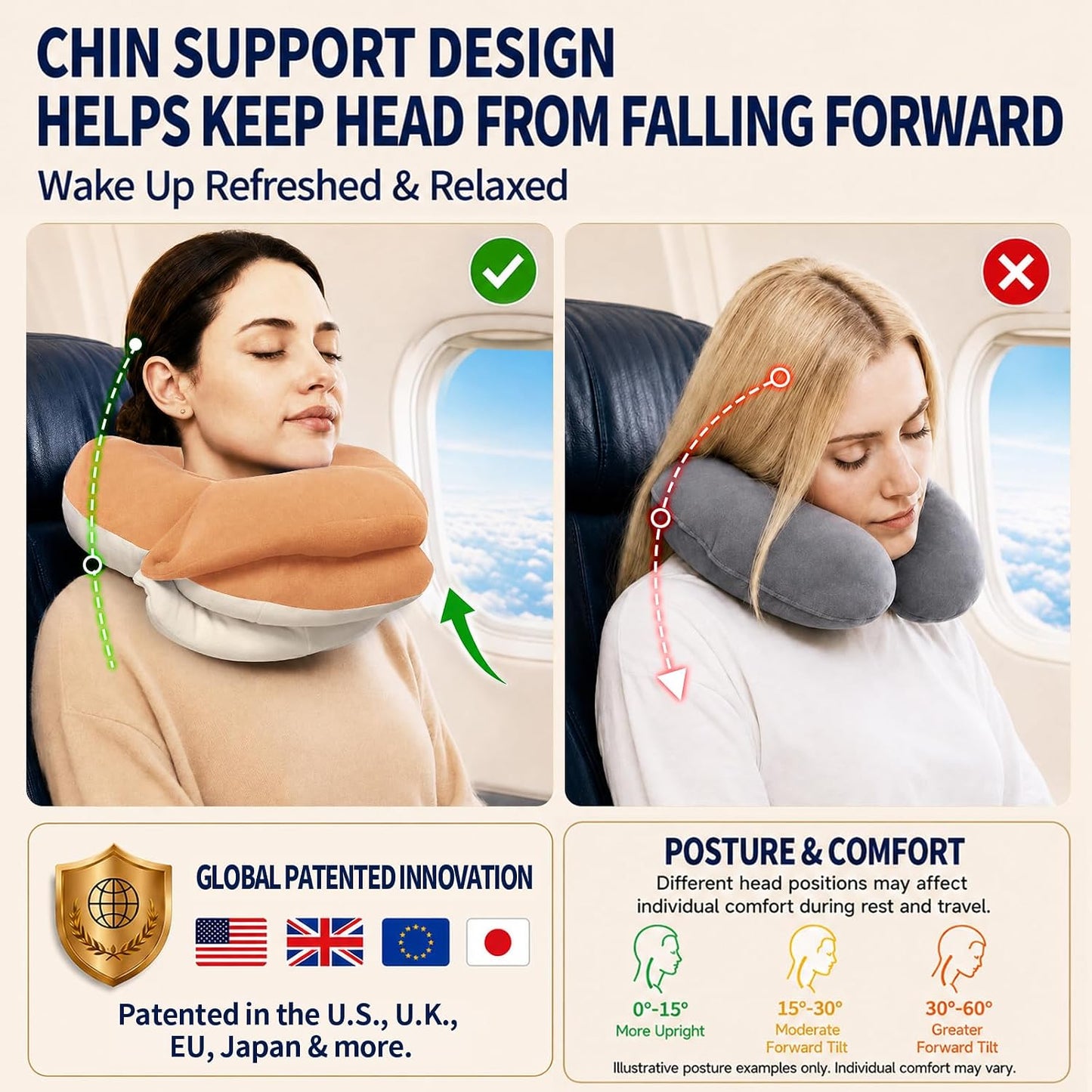 BUYUE Travel Neck Pillows for Airplanes, Memory Foam 360° Head Support Sleep for Long Flight, Skin-Friendly & Breathable, Kit with Eye Mask, Earplugs and Storage Bag (Adult, Grey, 90+ lbs)