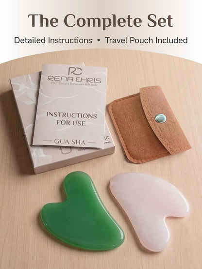 Rena Chris Gua Sha Facial Tools: Jade Stone Guasha Tool for Face Acupuncture Therapy, Facial Massager for Jawline Sculpting and Puffiness Reducing (Green)