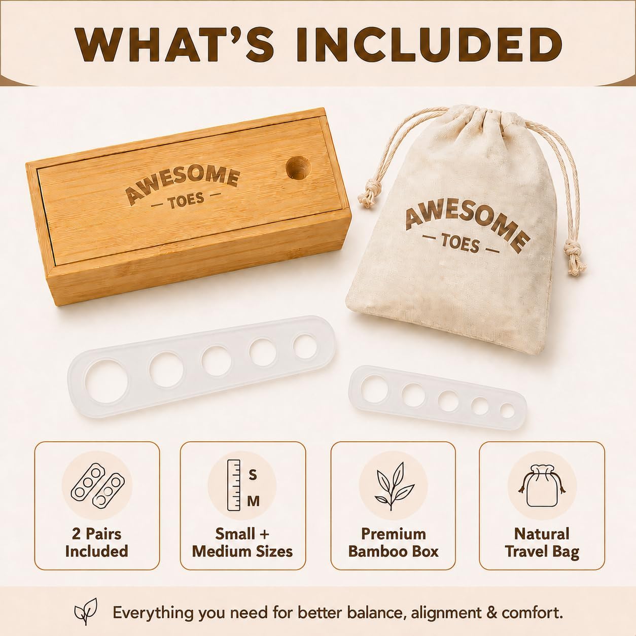 Awesome Toes Spacers & Separators, Fast Pain Relief from Hammertoe & Bunions, Two Pairs in Stylish Wooden Box, Latex-Free Rubber Toe Stretchers Used for Walking, Running & Yoga Practice