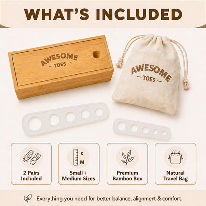 Awesome Toes Spacers & Separators, Fast Pain Relief from Hammertoe & Bunions, Two Pairs in Stylish Wooden Box, Latex-Free Rubber Toe Stretchers Used for Walking, Running & Yoga Practice