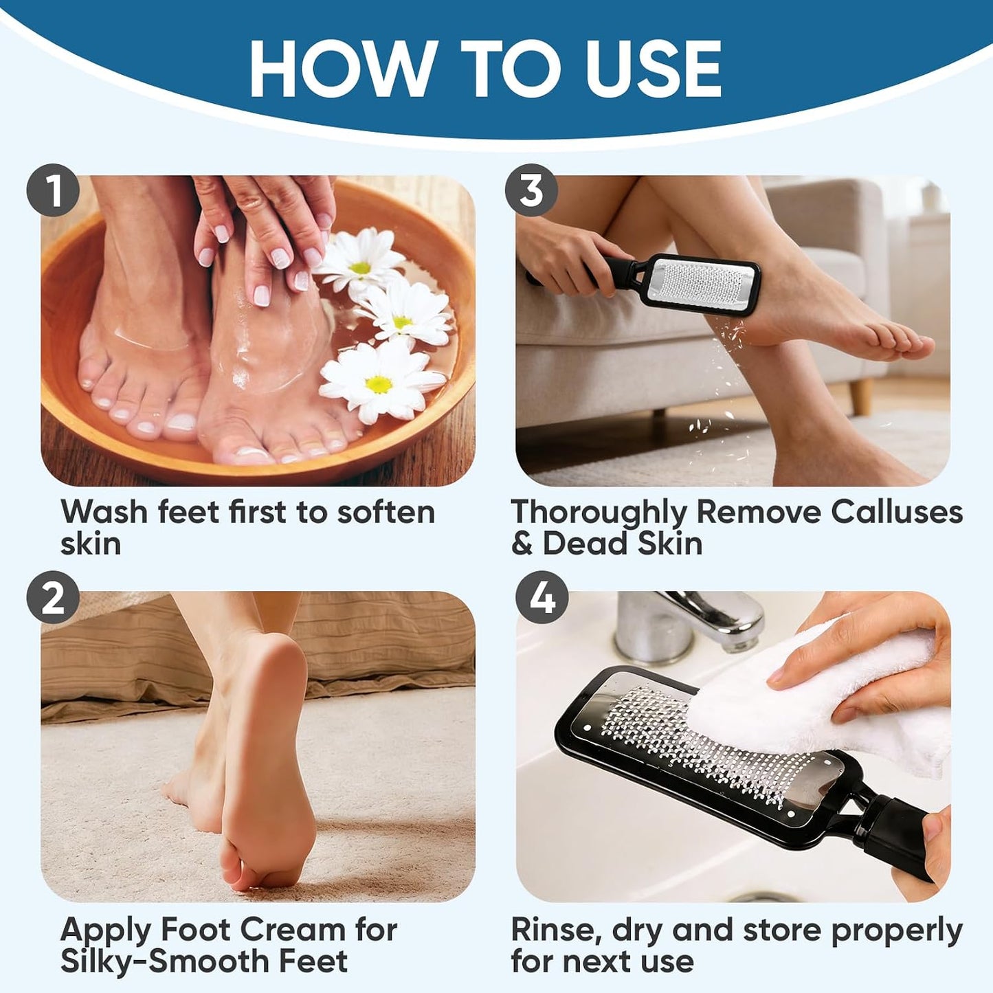 TEAWOO Double Sided Foot File and Callus Remover, Stainless Steel Waterproof Foot Scraper and Foot Rasp for Dead Skin & Hard Heels, 2-in-1 Pedicure Tools for At Home Foot Care