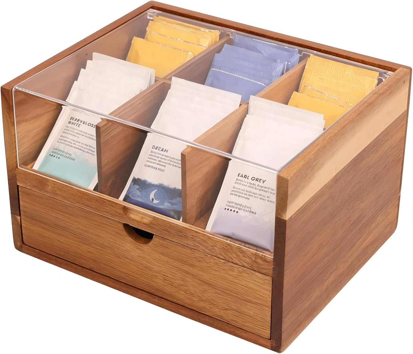HTB Acacia Wood Tea Bag Organizer Storage Box with 6 Compartments