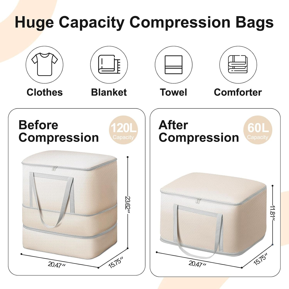 Comforter Storage Bag - 130L Large Capacity Blanket Storage Bags 4-Layer Ultra Space Saving Self Compression Organizer, Washable Compression Bags for Storage Comforter Blanket, Beige