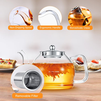 STNTUS Glass Teapot, 40 oz. / 1200 ml for Loose Tea, With Infuser and Stainless Steel Strainer, Stovetop Safe, 4-6 Cups
