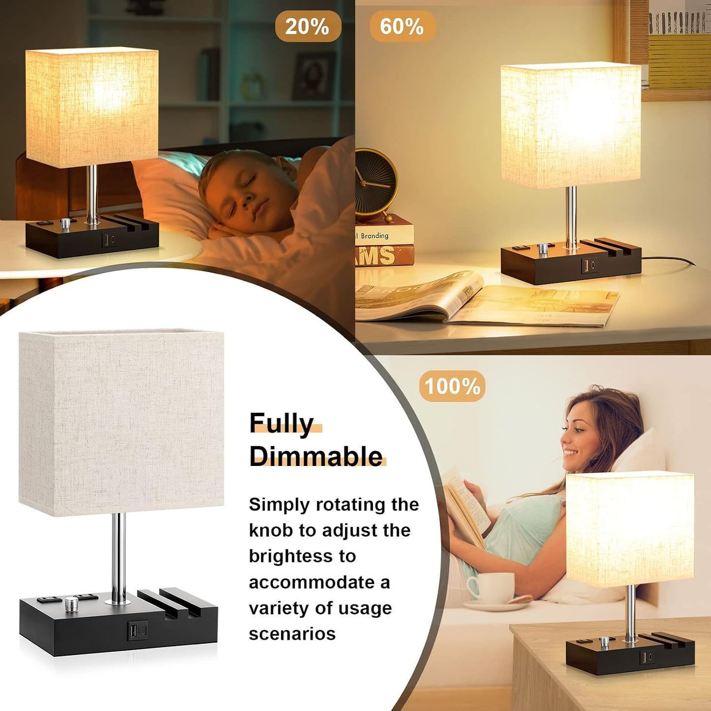 Kakanuo Fully Dimmable Nightstand Lamp for Bedroom with USB C Ports, Grey Small Bedside Table Lamp with Charging Outlets and Phone Stands, Wooden Desk Lamp for Living Room, LED Bulb Included