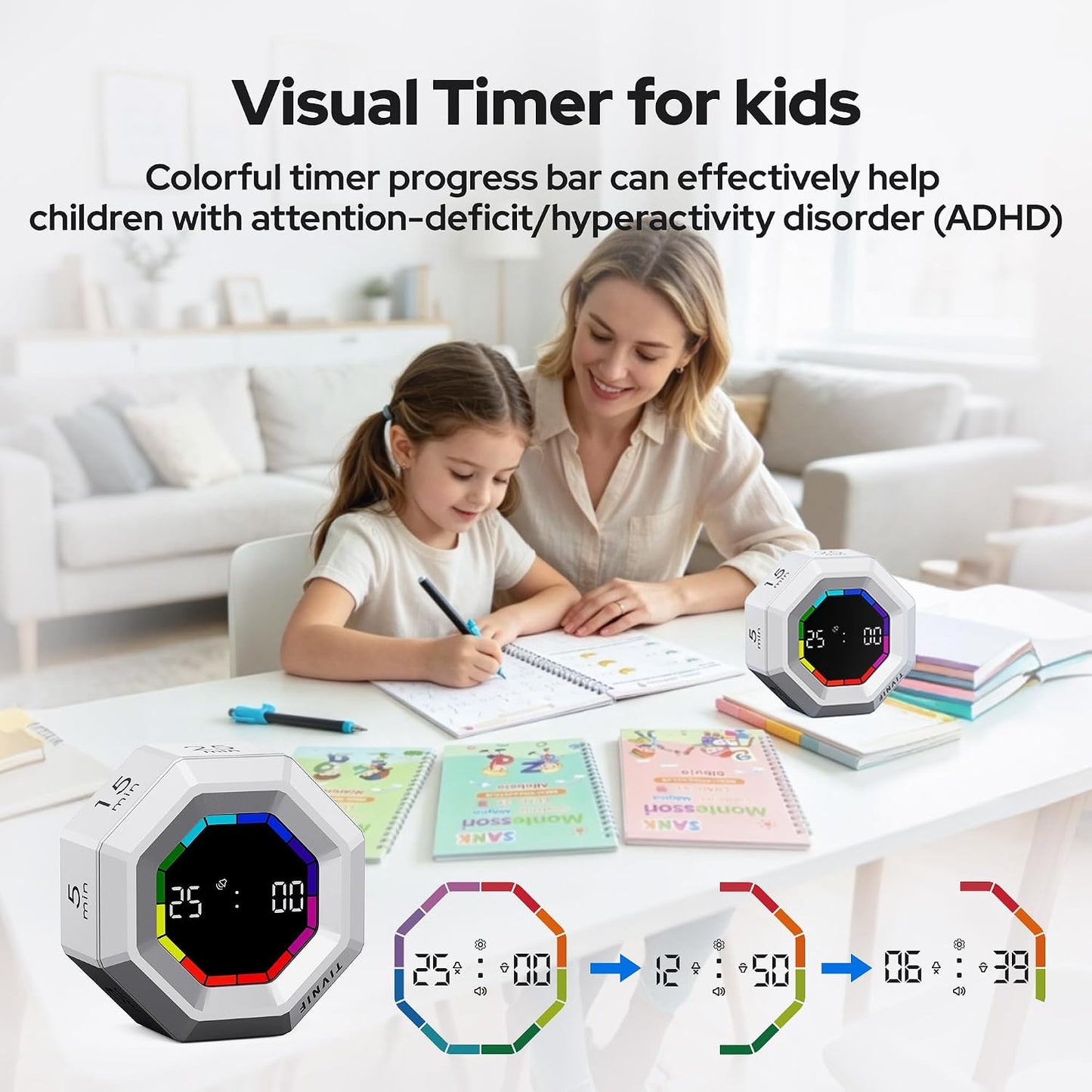 Visual Timer for Kids Kitchen Timer Pomodoro Magnetic Visual Countdown | Smart Gravity Sensing Timer with Large Display Loud Alarm for Study Cooking Classroom Homework Time Management