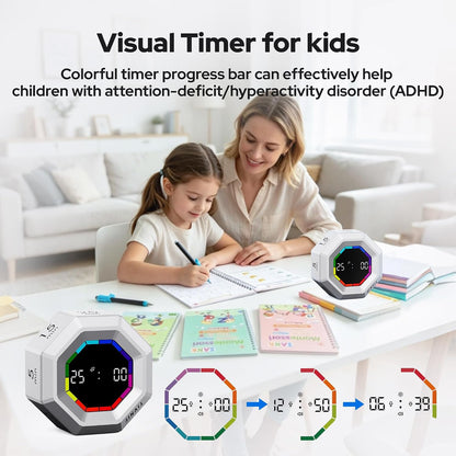 Visual Timer for Kids Kitchen Timer Pomodoro Magnetic Visual Countdown | Smart Gravity Sensing Timer with Large Display Loud Alarm for Study Cooking Classroom Homework Time Management