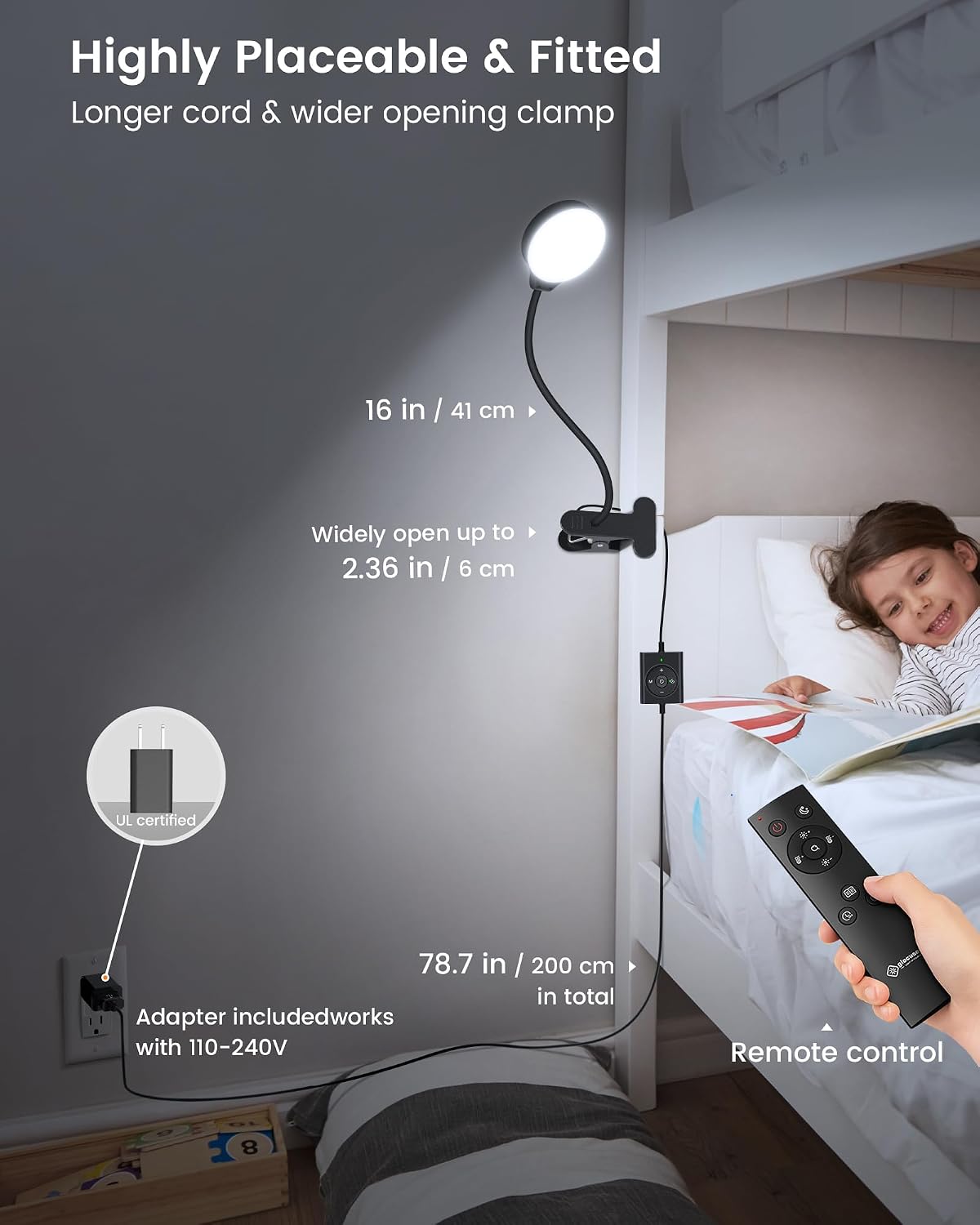 Glocusent 5W Clip on Light, 36 LED Eye Caring Reading Light for Bed, 3 Colors & 5 Brightness Clip on Lamp with Adapter, Perfect Desk Lamp with Clamp/Bunk Bed/Headboard/Table