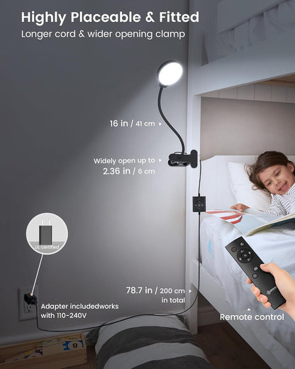 Glocusent 5W Clip on Light, 36 LED Eye Caring Reading Light for Bed, 3 Colors & 5 Brightness Clip on Lamp with Adapter, Perfect Desk Lamp with Clamp/Bunk Bed/Headboard/Table