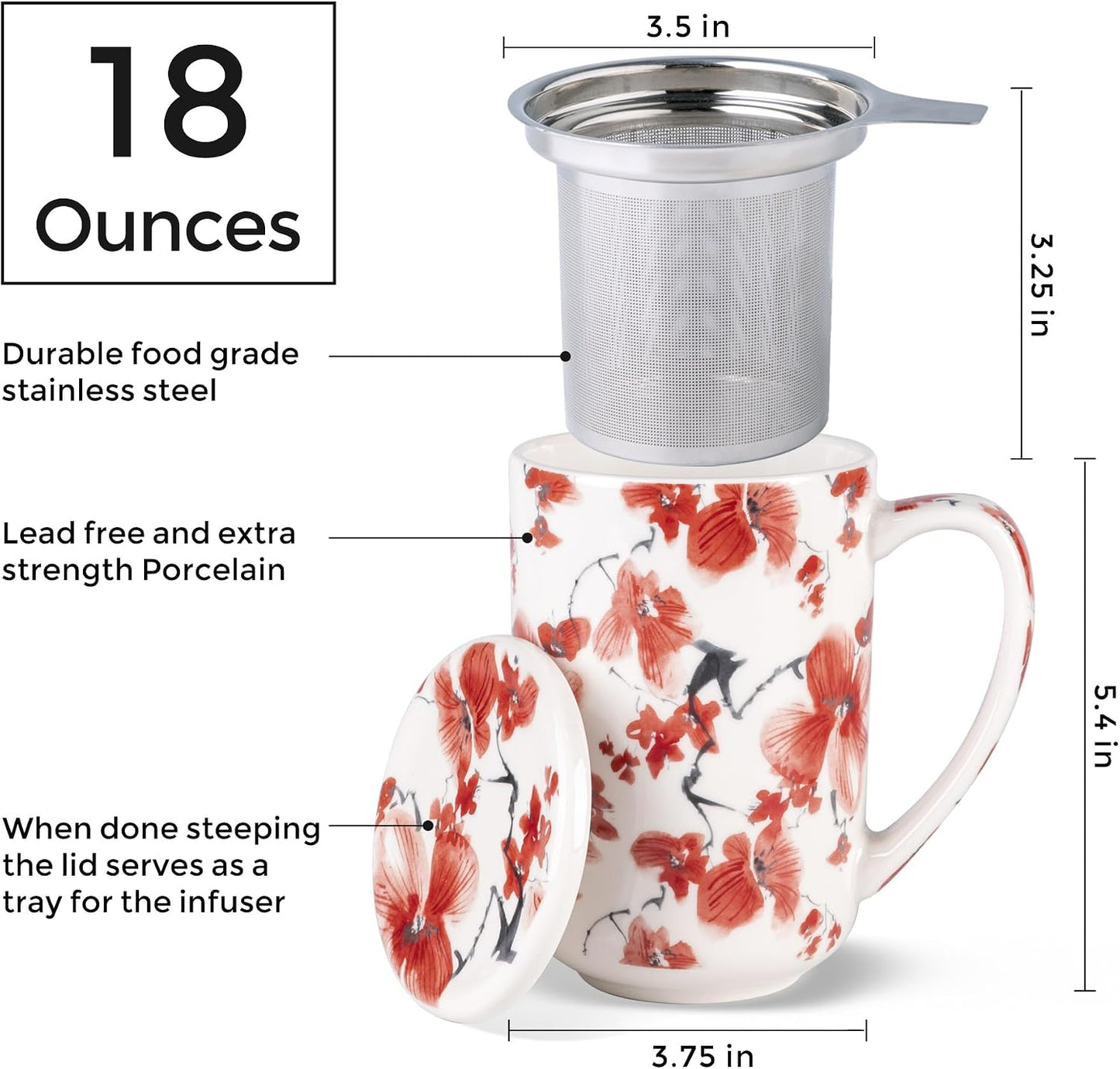 AmorArc Porcelain Tea Mug with Infuser and Lids, 18 Oz Large Cup Strainer with Bag Holder for Loose Leaf Tea, Steeping Coffee Mug for House-warming Wedding Birthday Gift