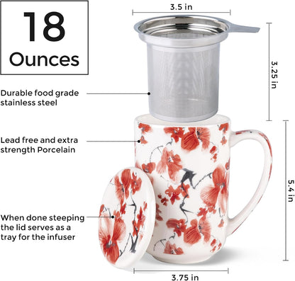 AmorArc Porcelain Tea Mug with Infuser and Lids, 18 Oz Large Cup Strainer with Bag Holder for Loose Leaf Tea, Steeping Coffee Mug for House-warming Wedding Birthday Gift
