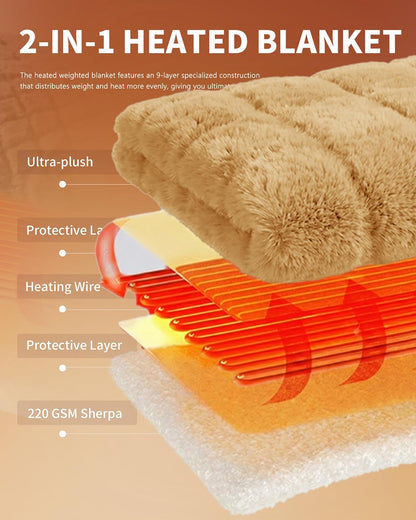 Homemate Heated Blanket Electric Throw - 50"x60" Heating Blanket Throw 1/2/4/6/8 Hours Auto-Off 10 Heat Levels Over-Heat Protection Luxury Faux Fur Sherpa ETL Certification
